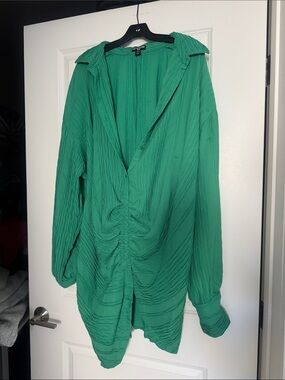 Green Pleated Button-Front Dress